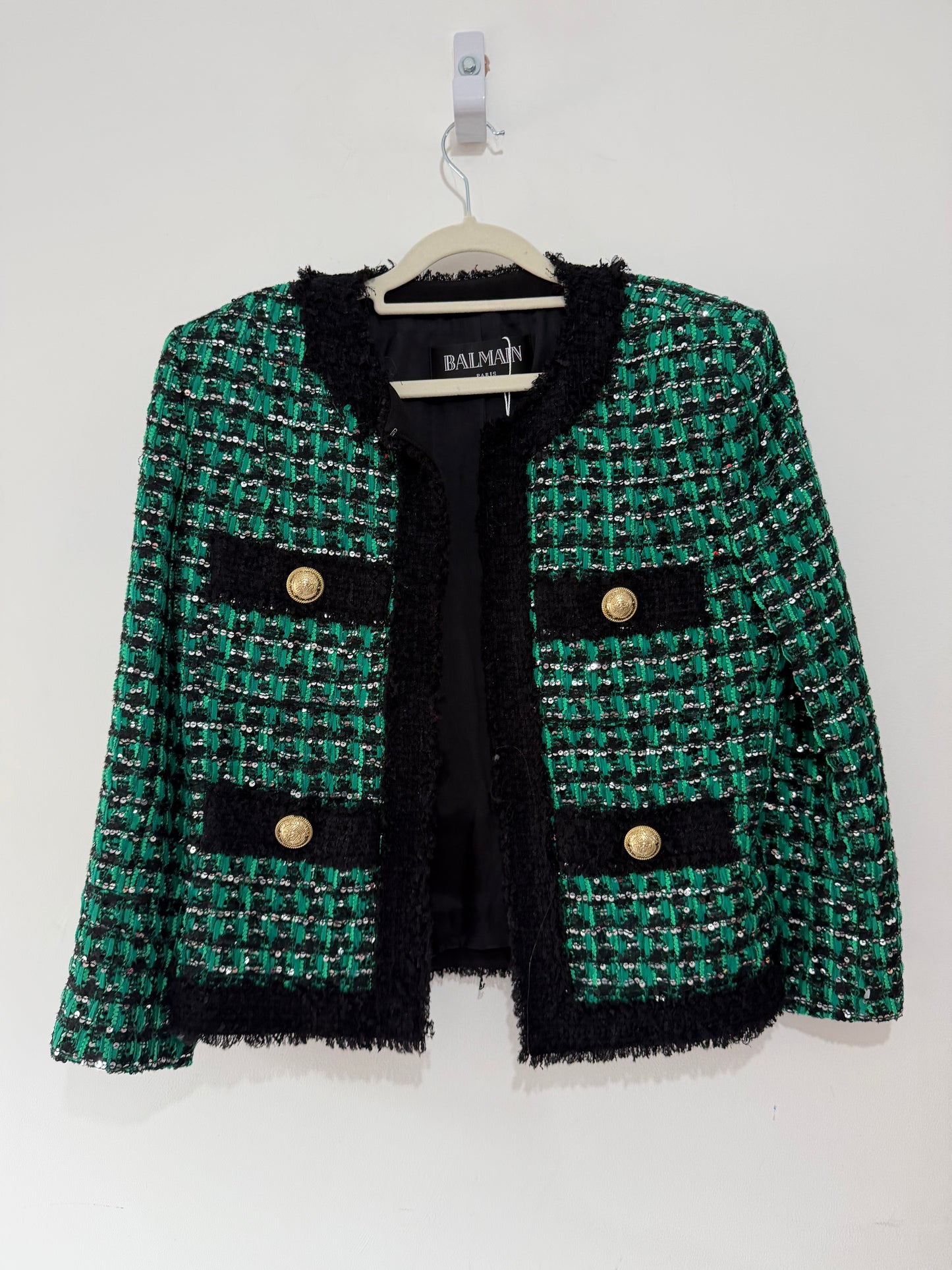 Peloved Green Balmain Boucle Tweed Jacket Blazer, Size 10
