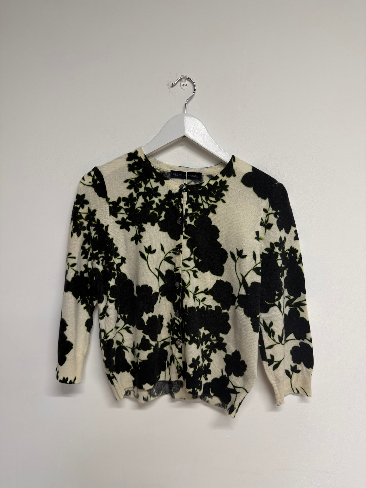Preloved M&S Cardigan Size UK 12 Cream and Black Floral