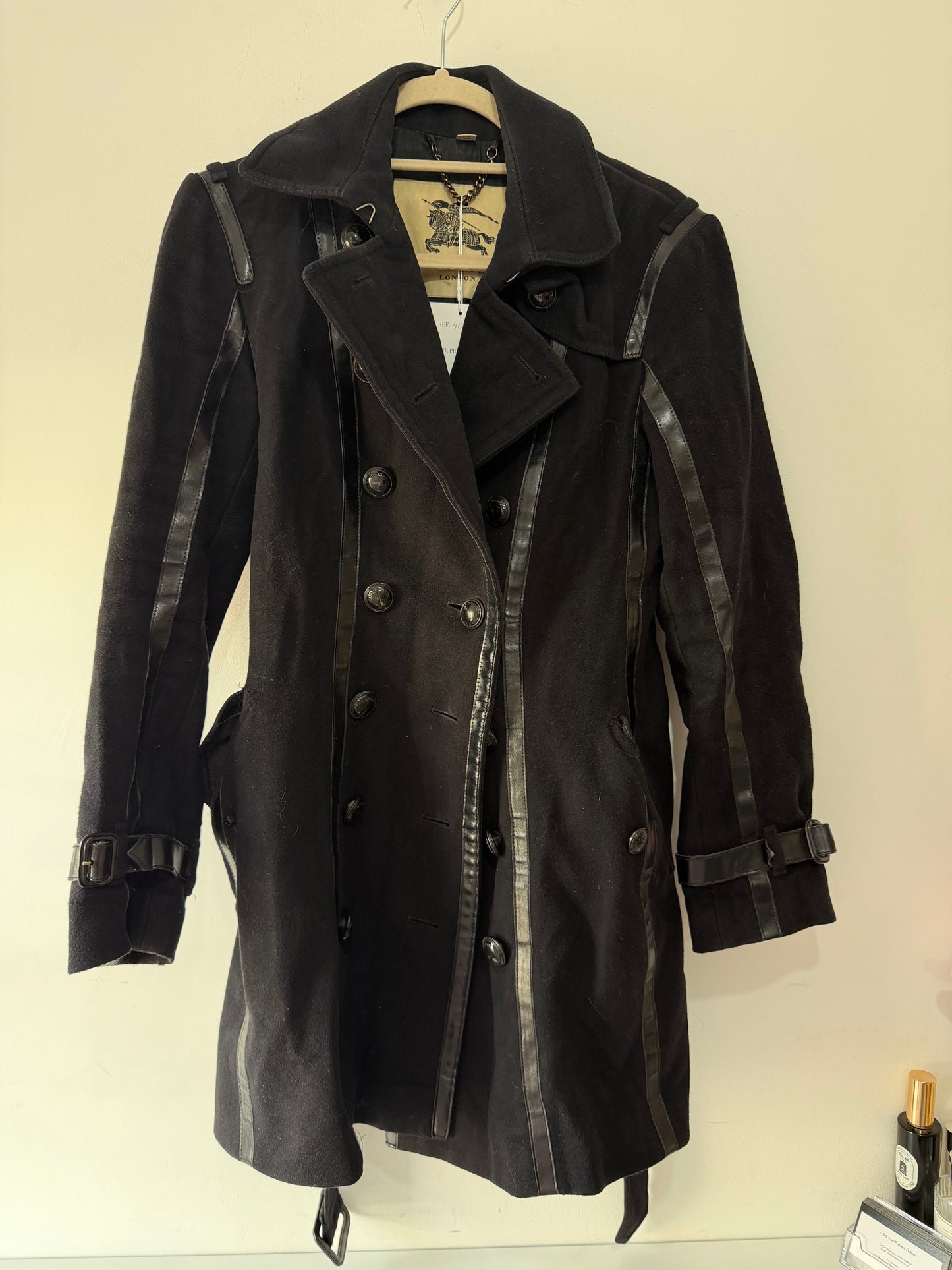 Pre-loved, black Burberry Trench, Size Uk 10