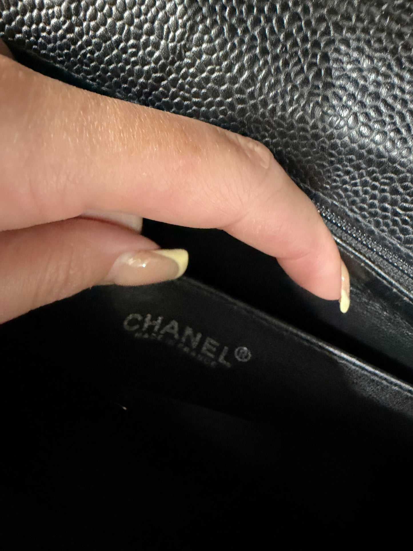 Preloved, Black Chanel Quilted Jumbo Single Flap Bag, Silver Hardware, Black Caviar Leather
