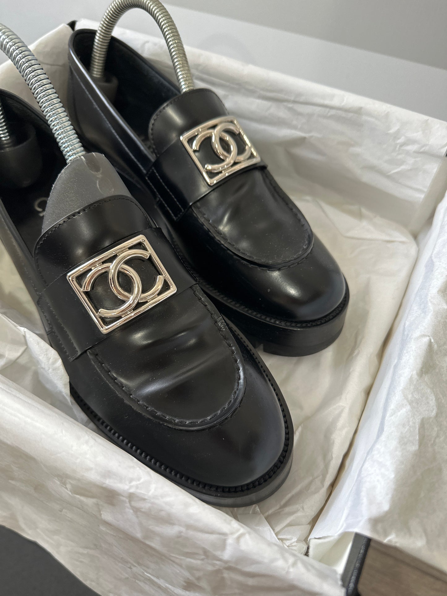 Black and Silver Chanel Loafers