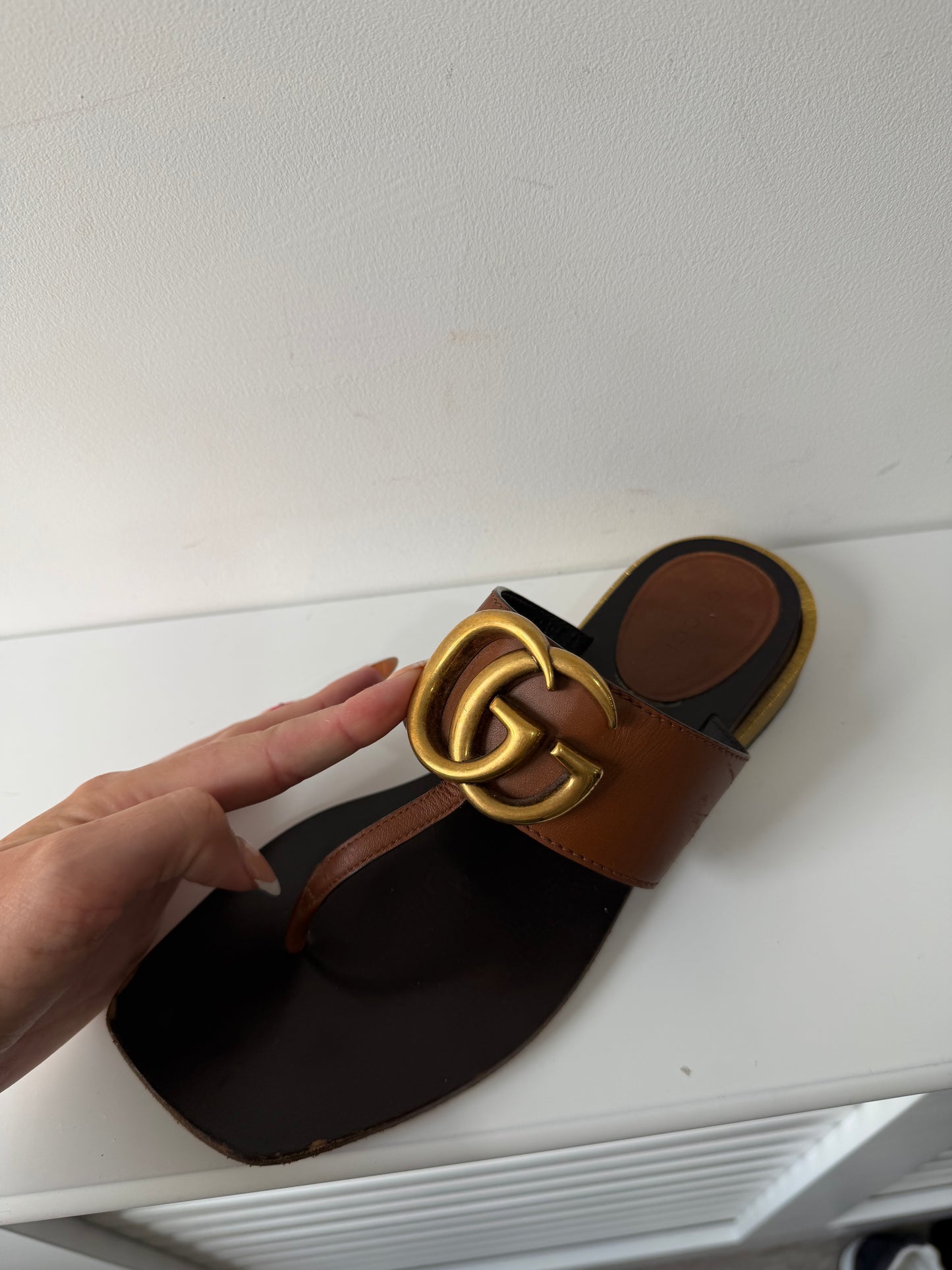 Preloved, Brown with Gold Hardware  Gucci Sandals, Size 38 - UK 5