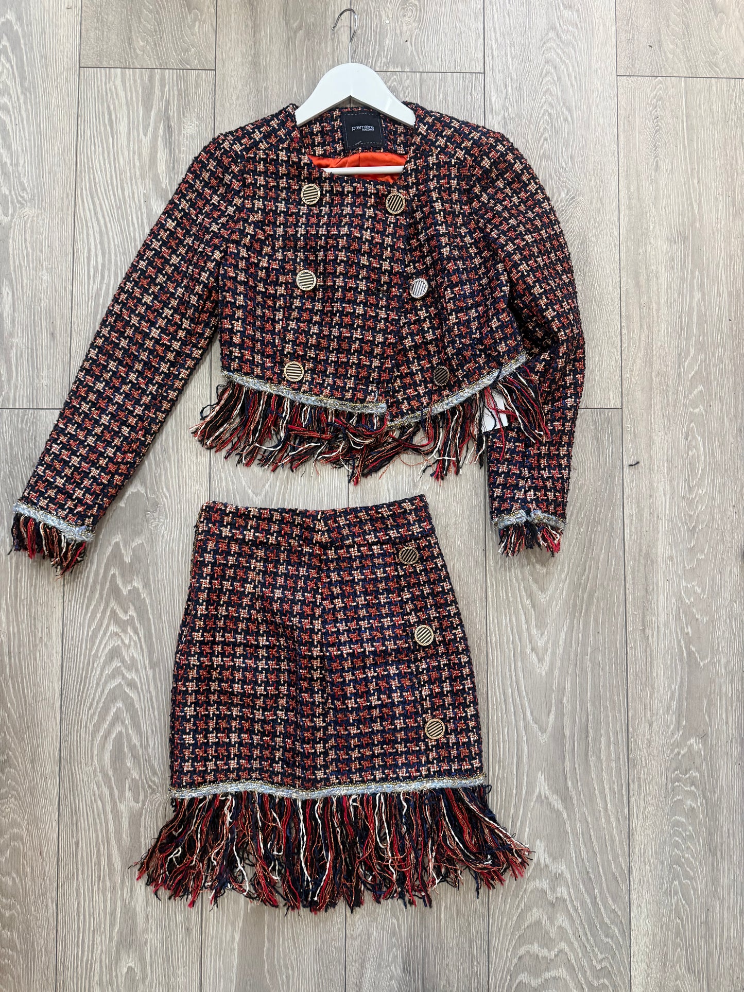 Red and Blue sparkly tweed Premiere Fracoma Skirt and Jacket, Size XS