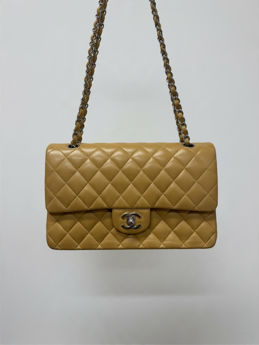 Preloved Chanel Bag Medium Double Flap Beige with Silver Hardware