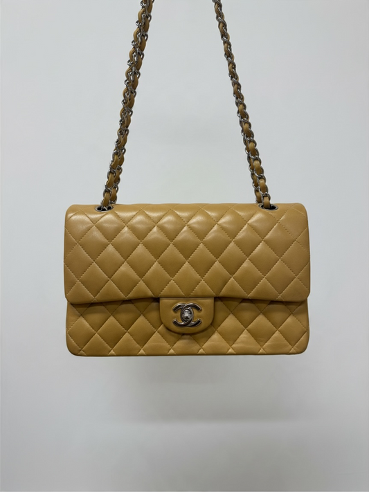 Preloved Chanel Bag Medium Double Flap Beige with Silver Hardware