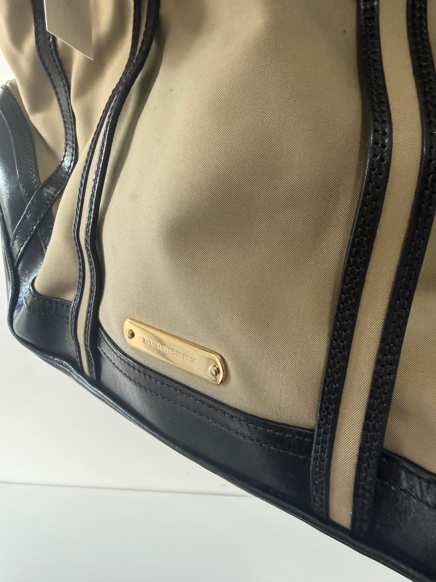 Preloved, Khaki with black leather  Burberry Tote Handbag, Small