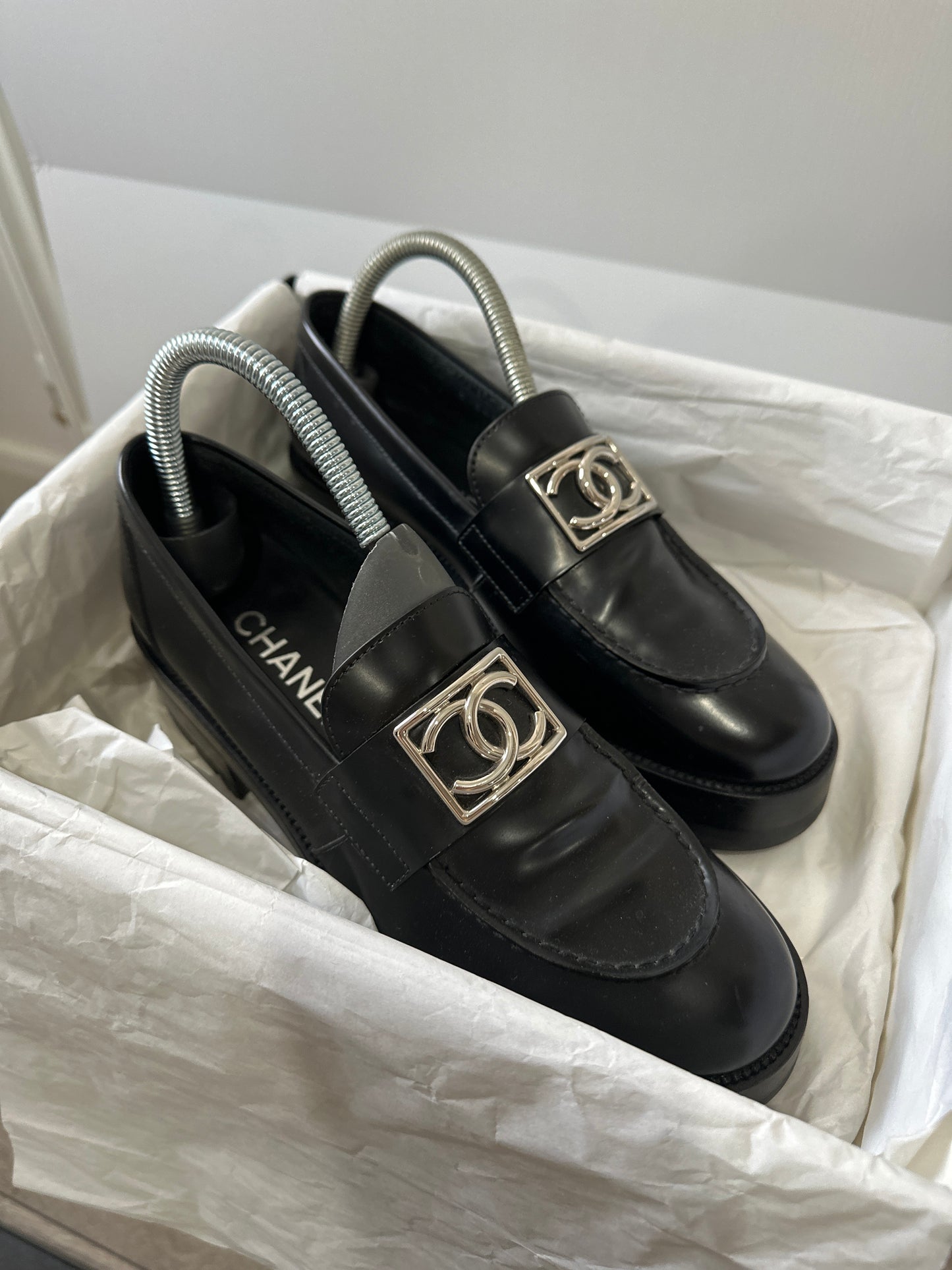 Black and Silver Chanel Loafers