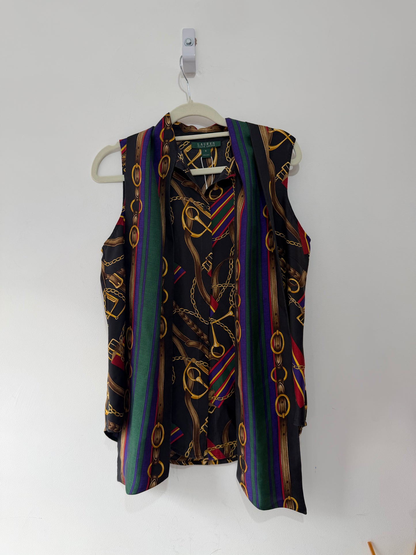 Preloved Black Multi-Coloured Belt & Equestrian Print Ralph Lauren Sleeveless Blouse, Size 10