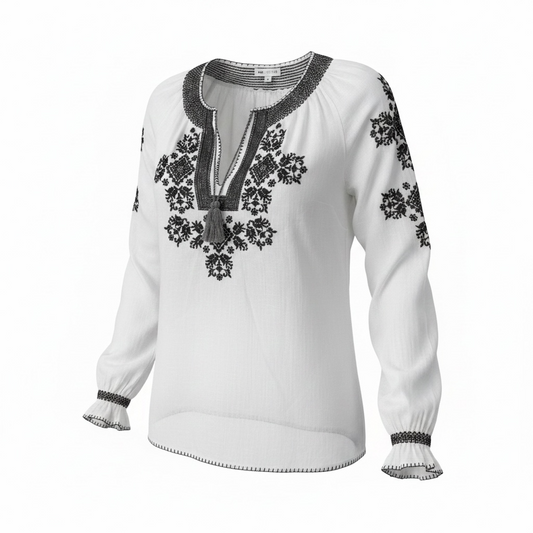 Pre-loved white with black details Nina Kaufmann Blouse, Size XL