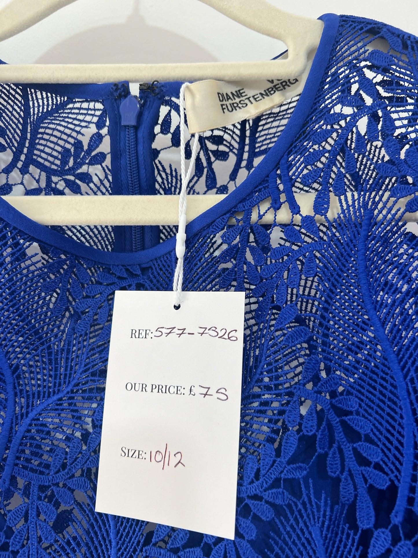 Pre-owned, Blue Lace DVF Dress, Size 10/12