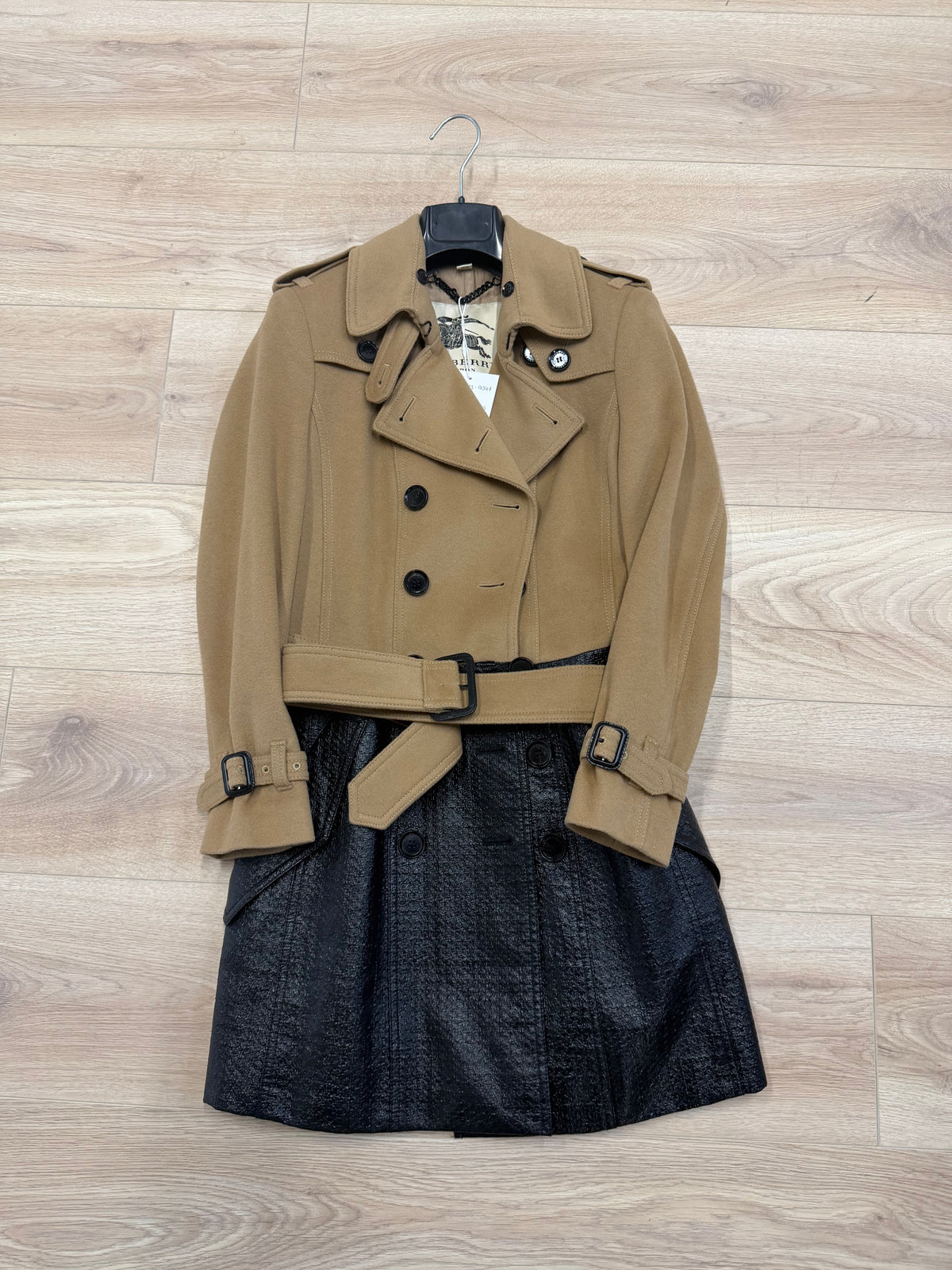 Preloved Burberry Coat UK 8 Beige, Black Leather and Beige