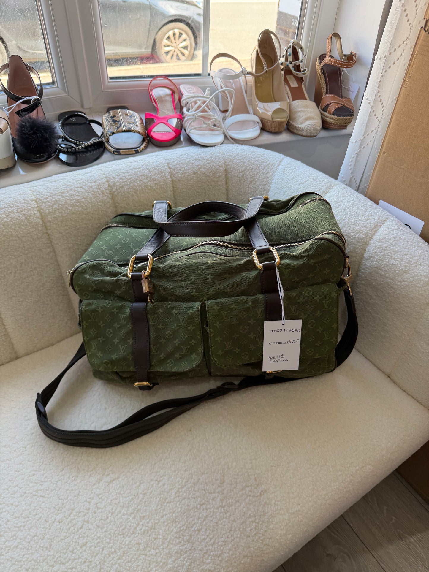 Preloved Green Denim Louis Vuitton Keepall Duffle, 45