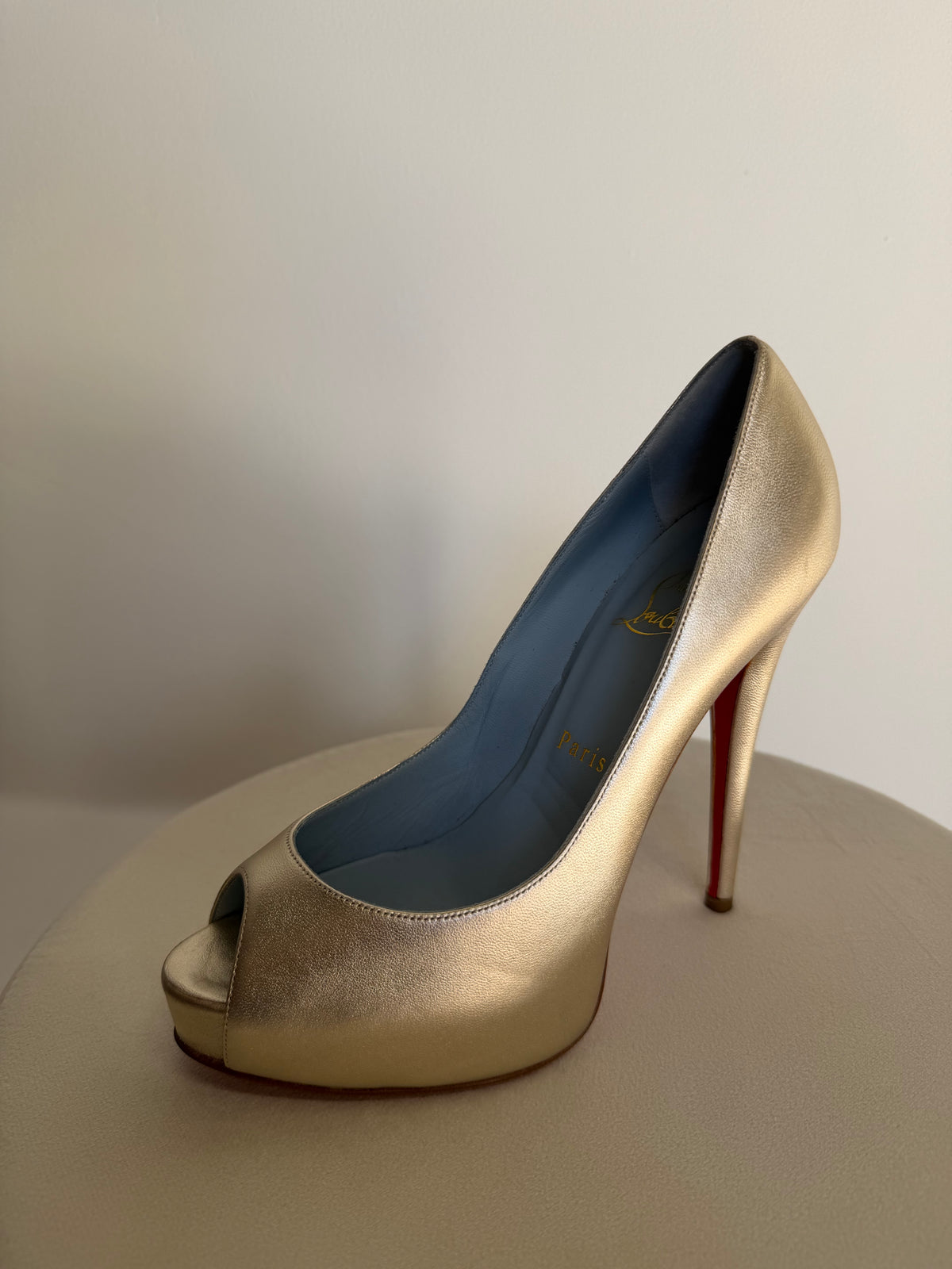 Preloved Christian Louboutin Heels Size 5 - 38 Gold Peeptoe