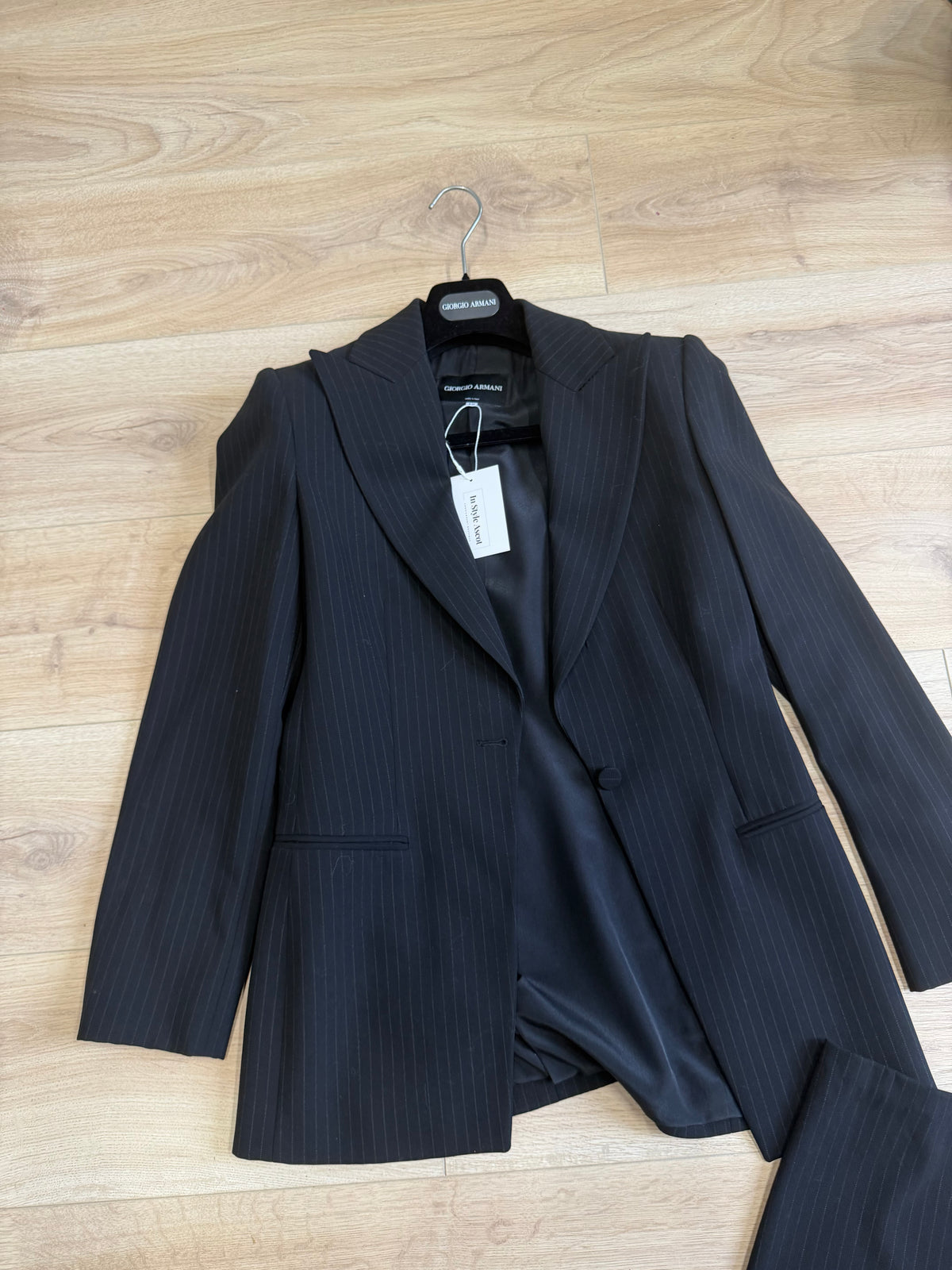 Preloved Giorgio Armani Suit, Size 8 Black Pinstripe