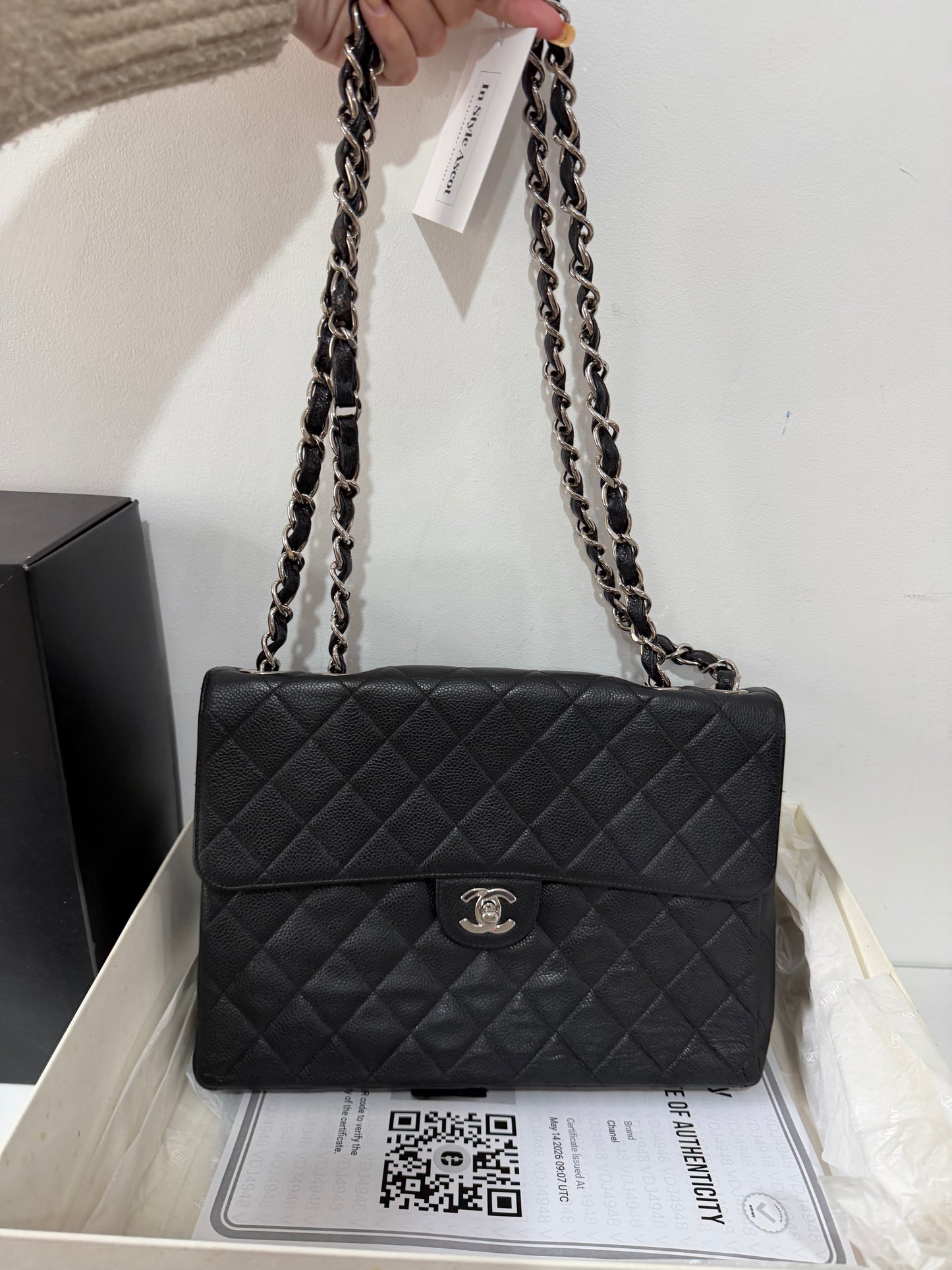 Preloved, Black Chanel Quilted Jumbo Single Flap Bag, Silver Hardware, Black Caviar Leather