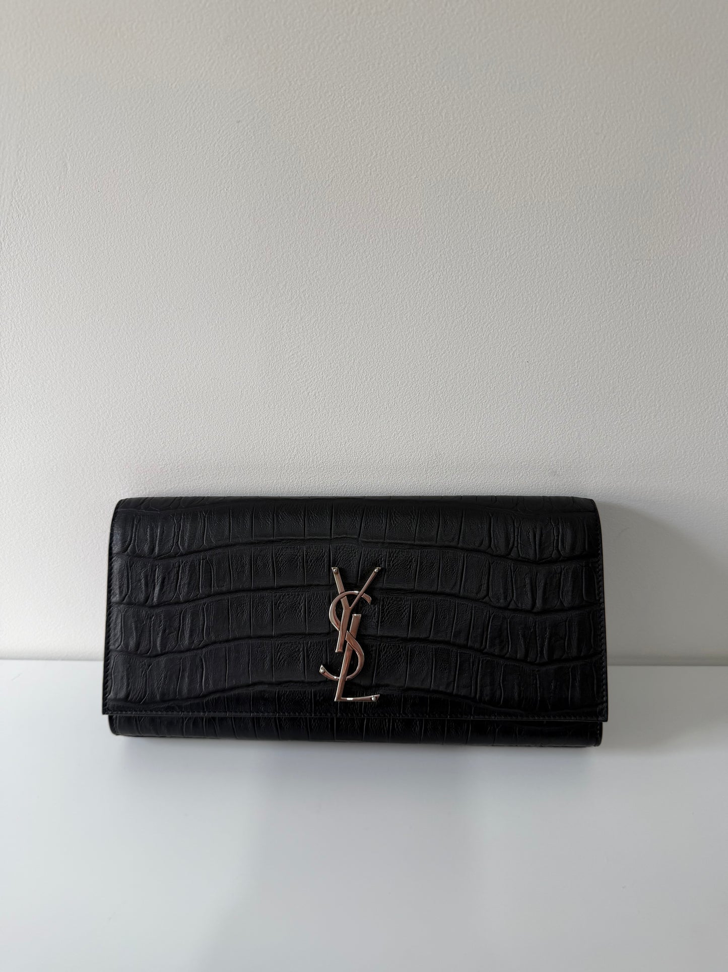 Preloved Black Leather YSL Clutch Silver Hardware
