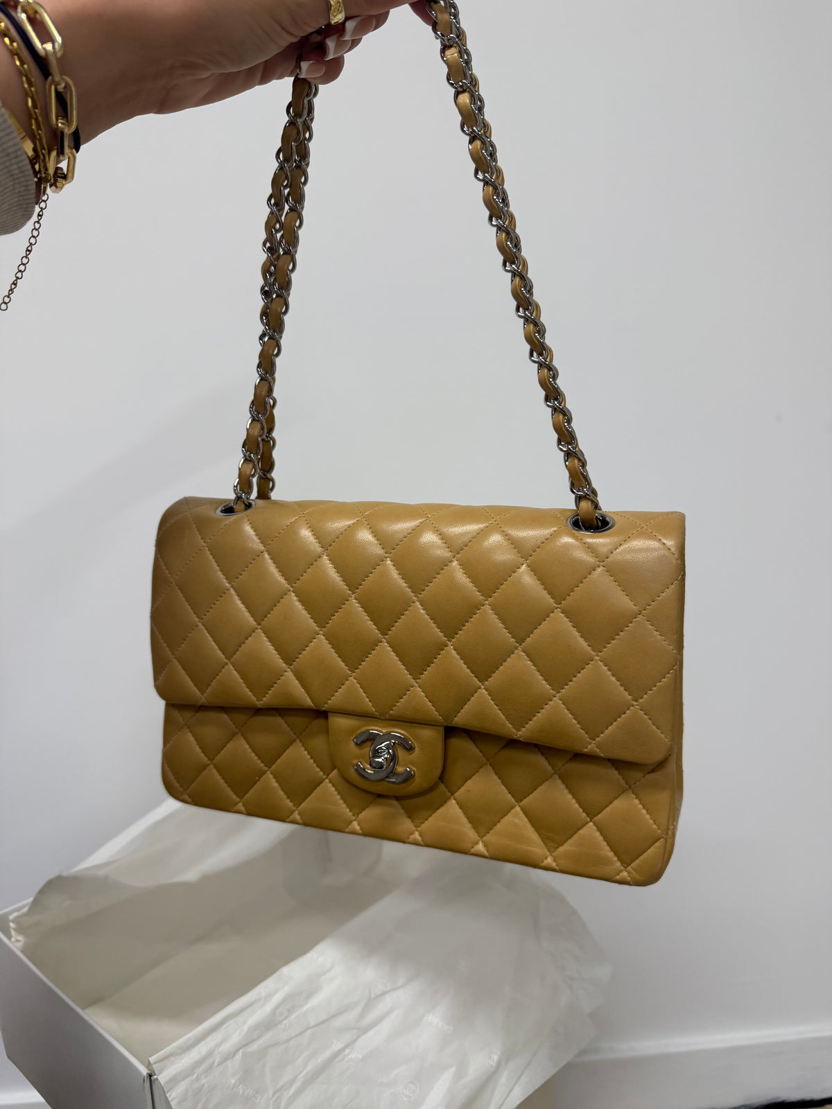Preloved Chanel Bag Medium Double Flap Beige with Silver Hardware