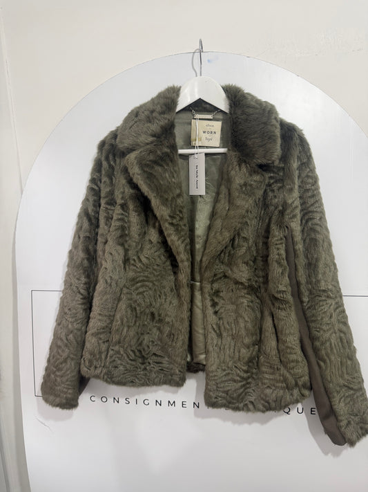Khaki Faux Fur Seen Worn Kept Jacket, Small