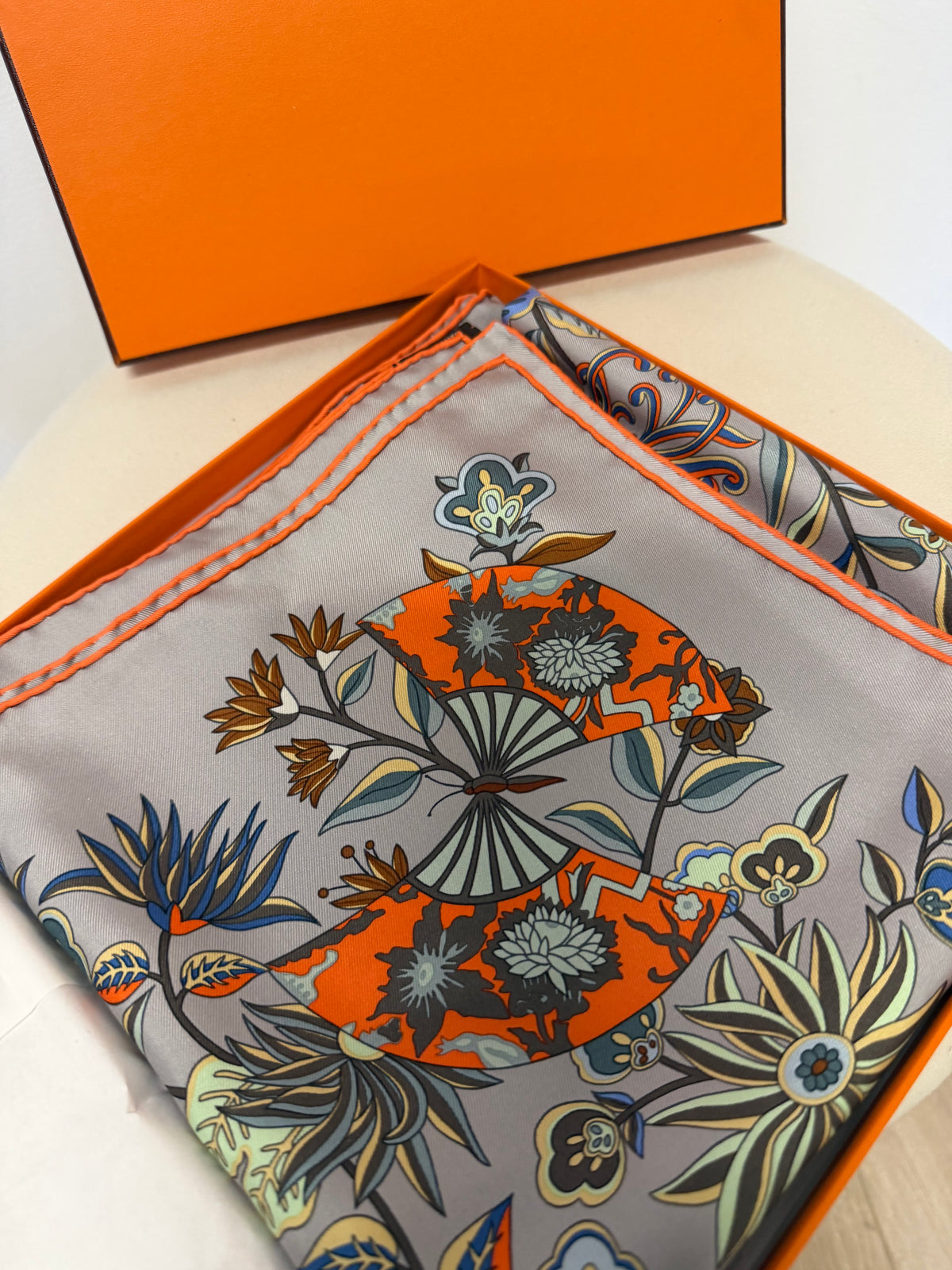 Preloved Hermes Scarf 90cmx90cm Boxed, Grey Pattern