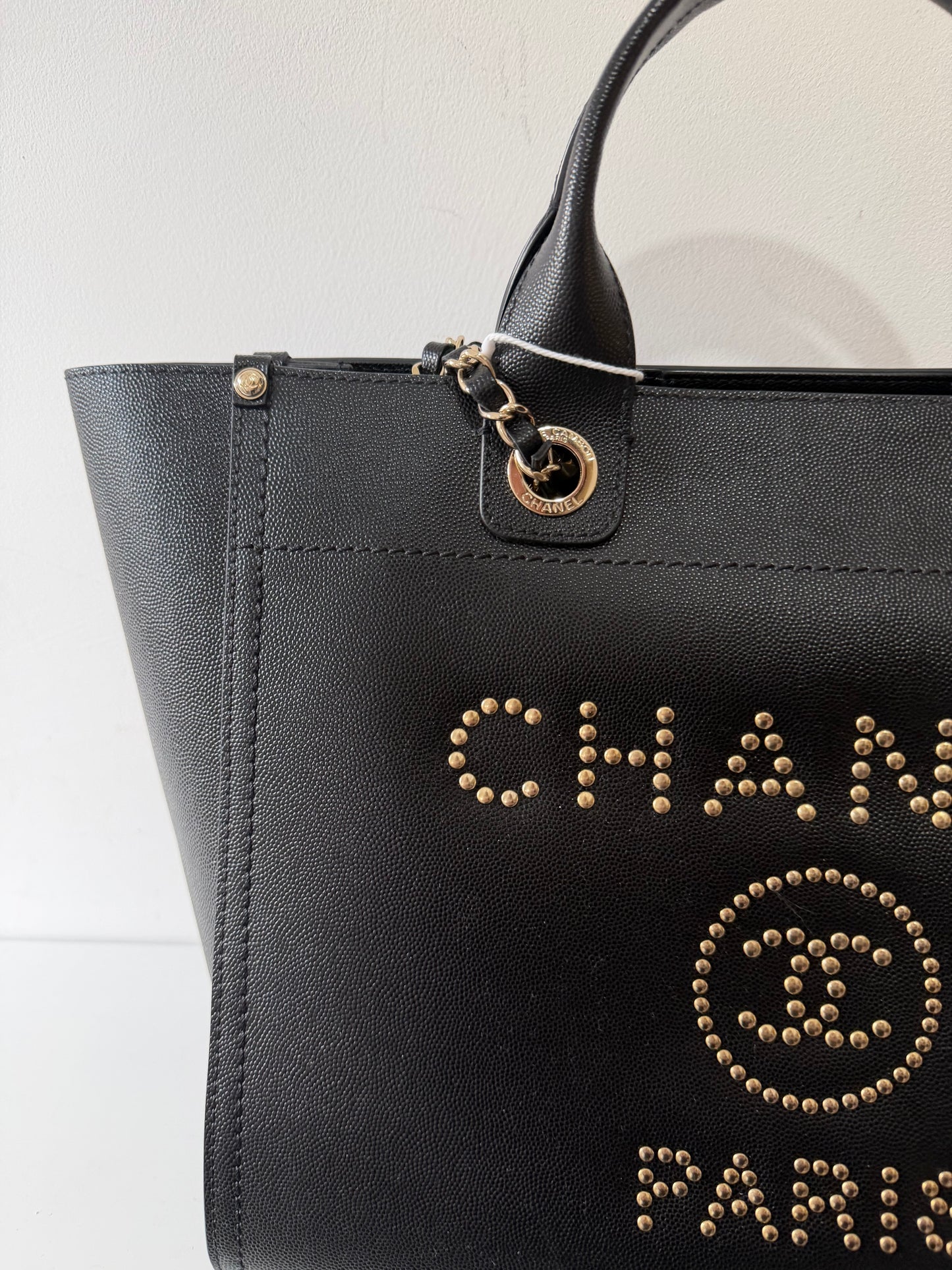 Preloved Chanel Handbag Tote Deauville Black and Gold Studded