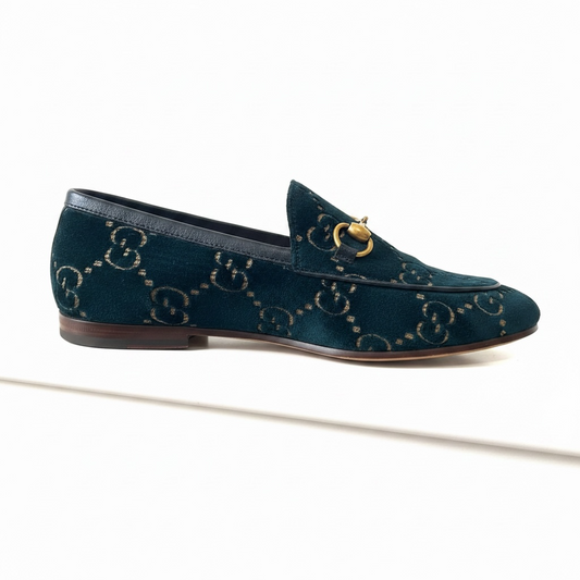 Preloved, Navy Velvet, Monogram Pattern with Gold-tone horsebit Gucci  Jordan Loafers, Size 39 - UK 6