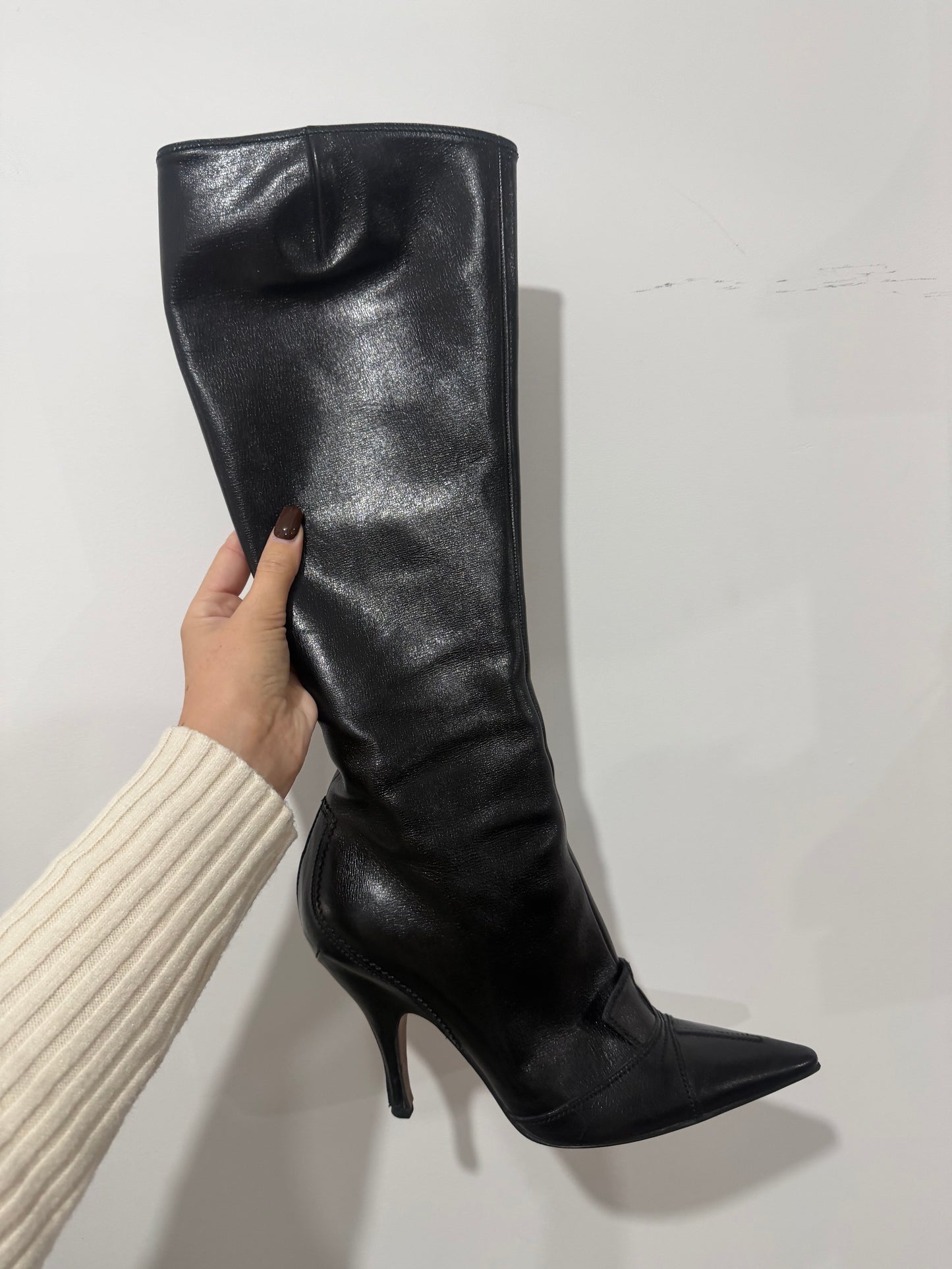 Black Leather Yves Saint Laurent Knee-High Boots, Size 40 UK 7