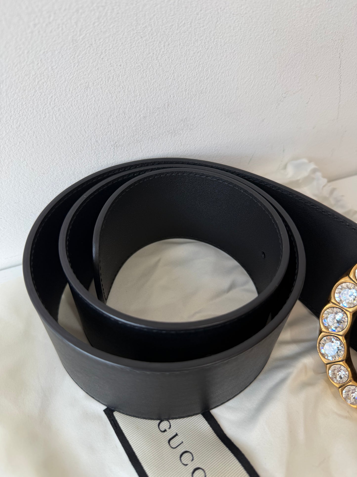 Pre-loved black with gold Gem Gucci Chunky belt, Size 95 W36