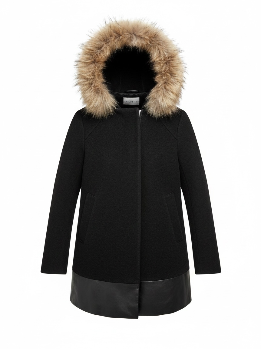 Preloved Sandro Coat Size 36 Uk 8 Black with fur hood
