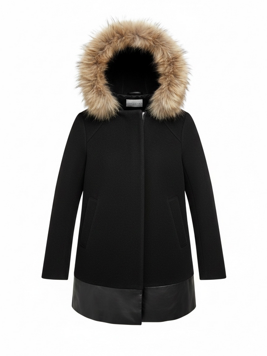 Preloved Sandro Coat Size 36 Uk 8 Black with fur hood