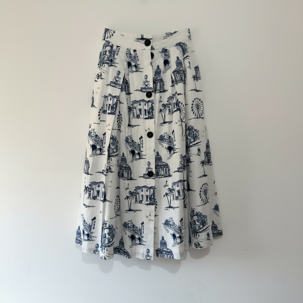 Preloved, White and Blue Maje Skirt, Size 36 UK 8