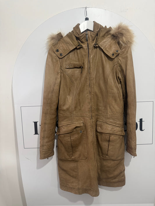 Brown Cocktail Leather and Fur Jacket, Size Small