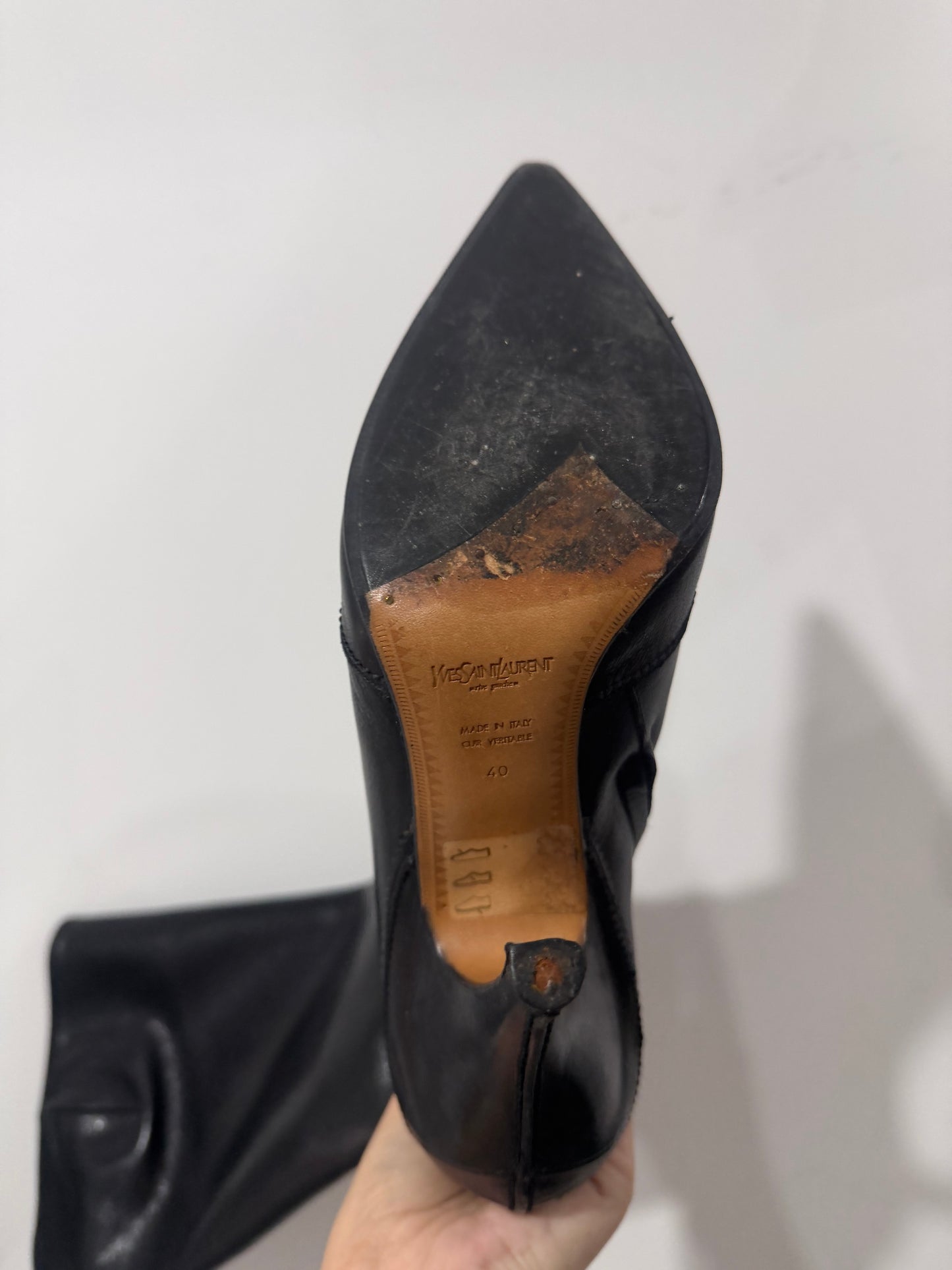 Black Leather Yves Saint Laurent Knee-High Boots, Size 40 UK 7