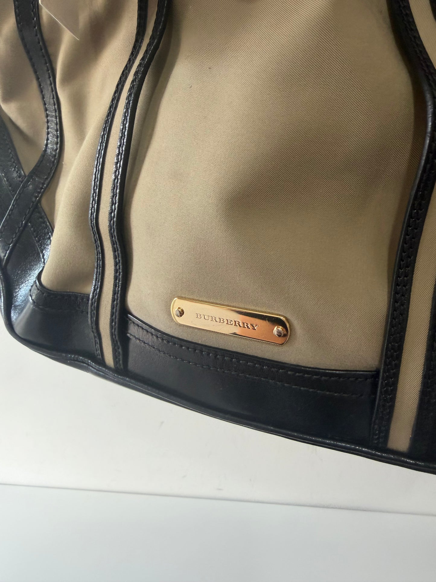 Preloved, Khaki with black leather  Burberry Tote Handbag, Small