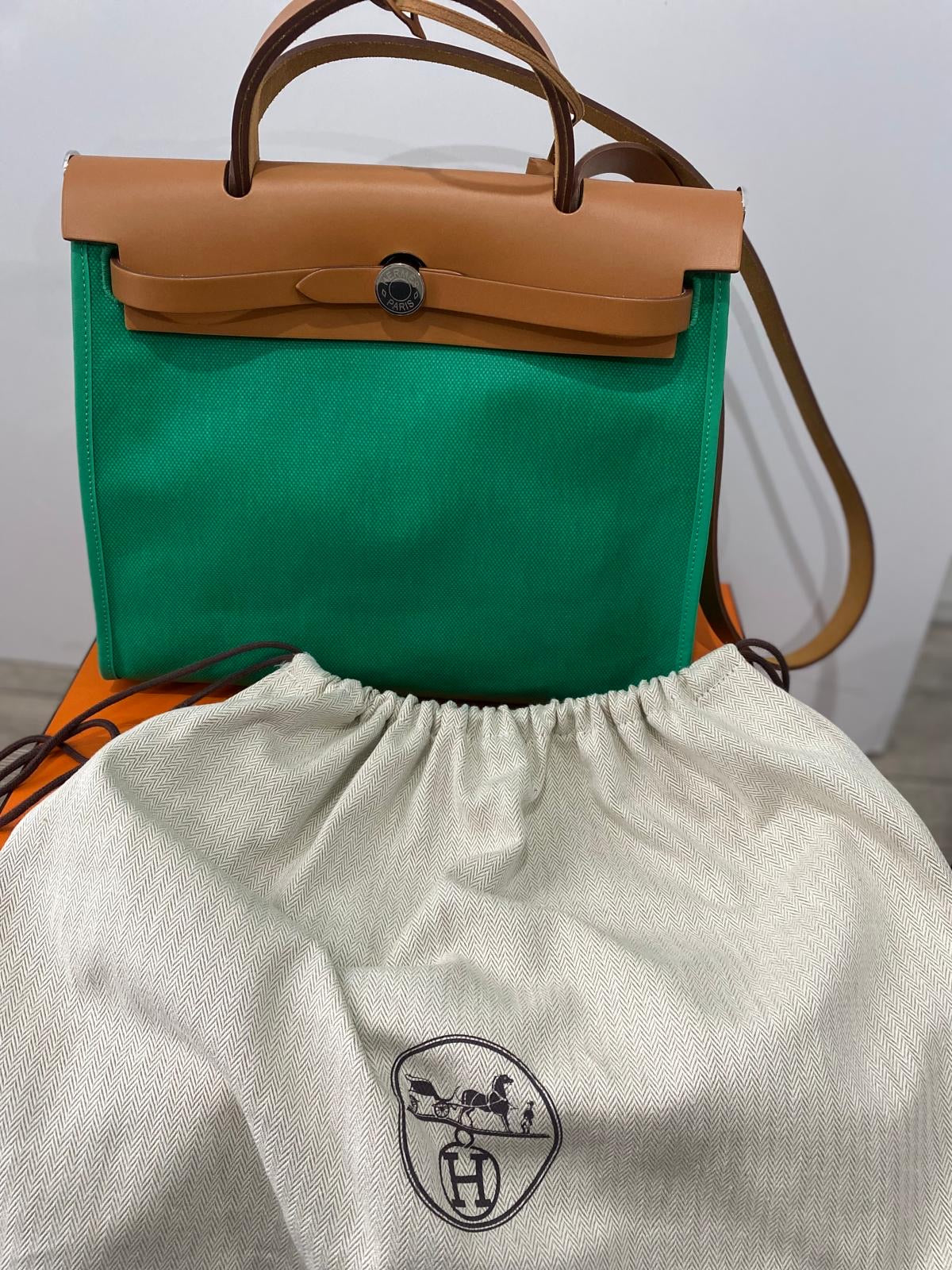 Cream and Green Hermes Herbag, Handbag