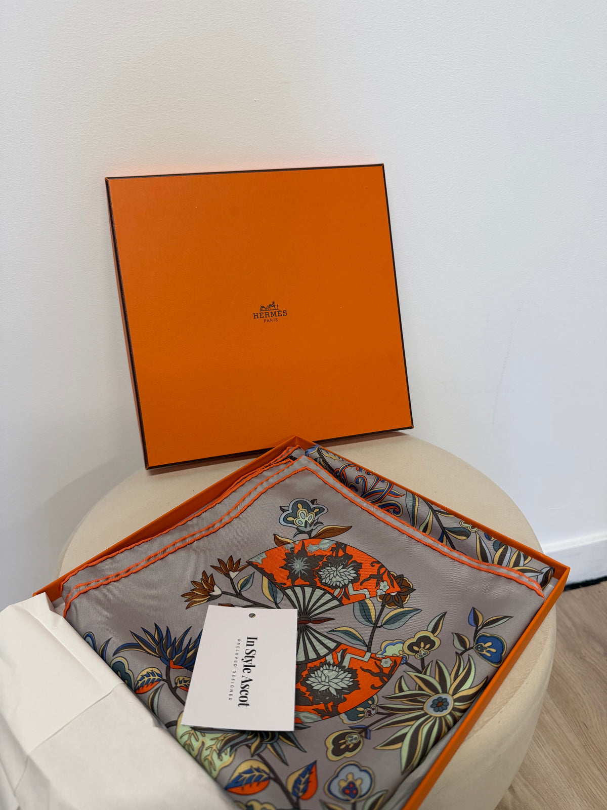 Preloved Hermes Scarf 90cmx90cm Boxed, Grey Pattern