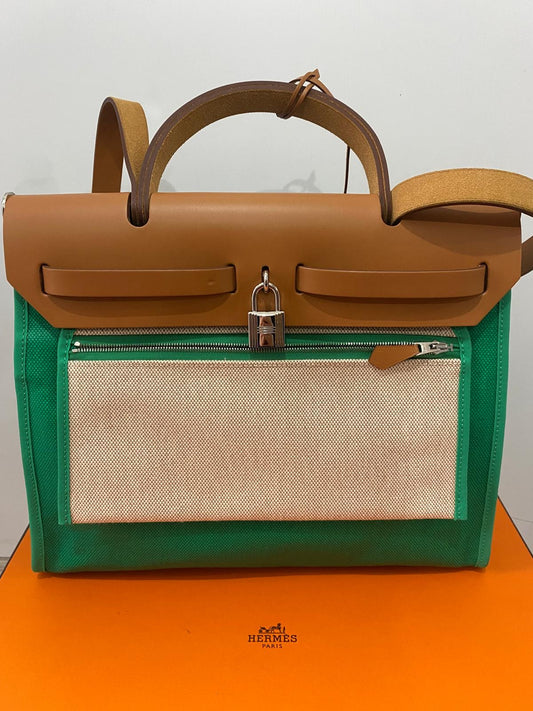 Cream and Green Hermes Herbag, Handbag
