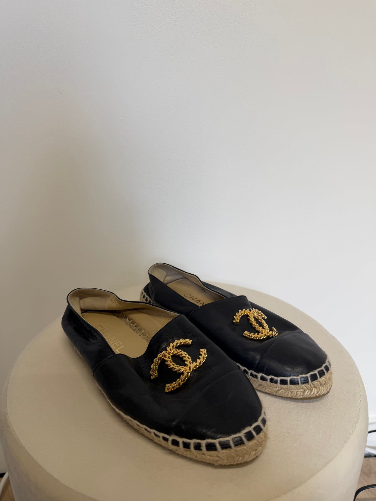 Preloved Chanel Espadrilles Size 4 Black with Gold CC