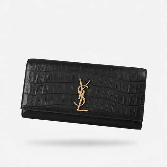 Preloved Black Leather YSL Clutch Silver Hardware