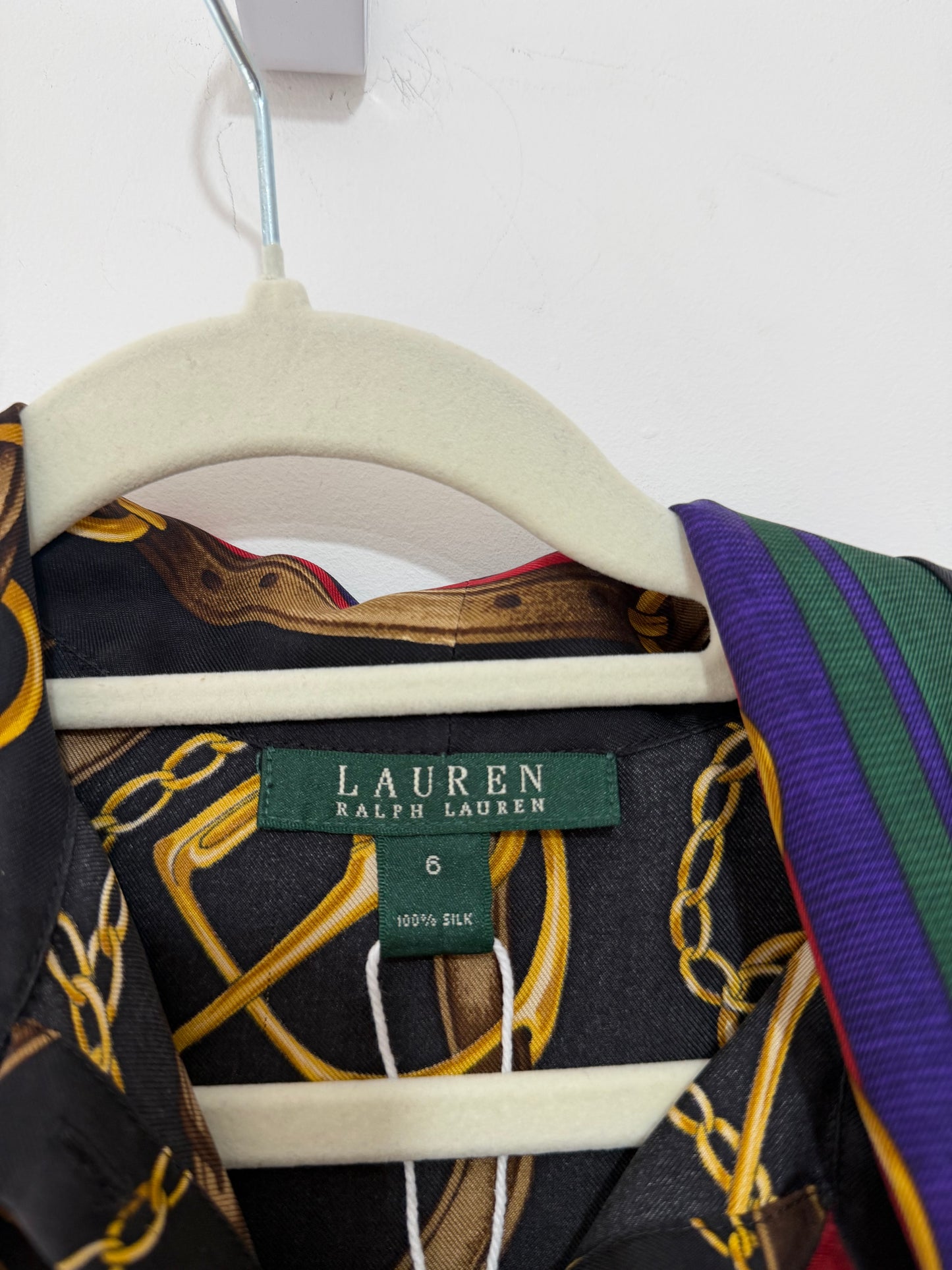 Preloved Black Multi-Coloured Belt & Equestrian Print Ralph Lauren Sleeveless Blouse, Size 10