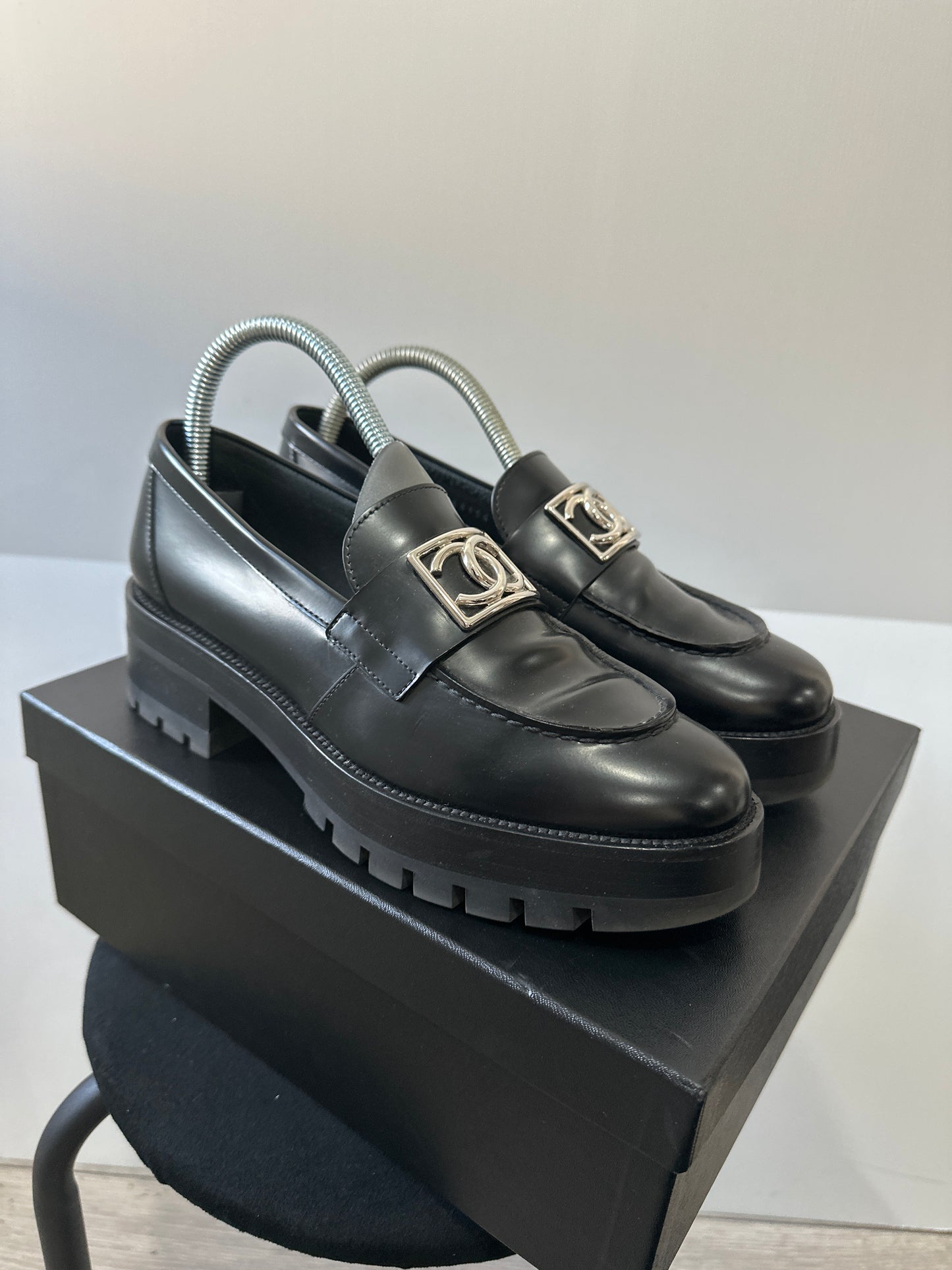 Black and Silver Chanel Loafers