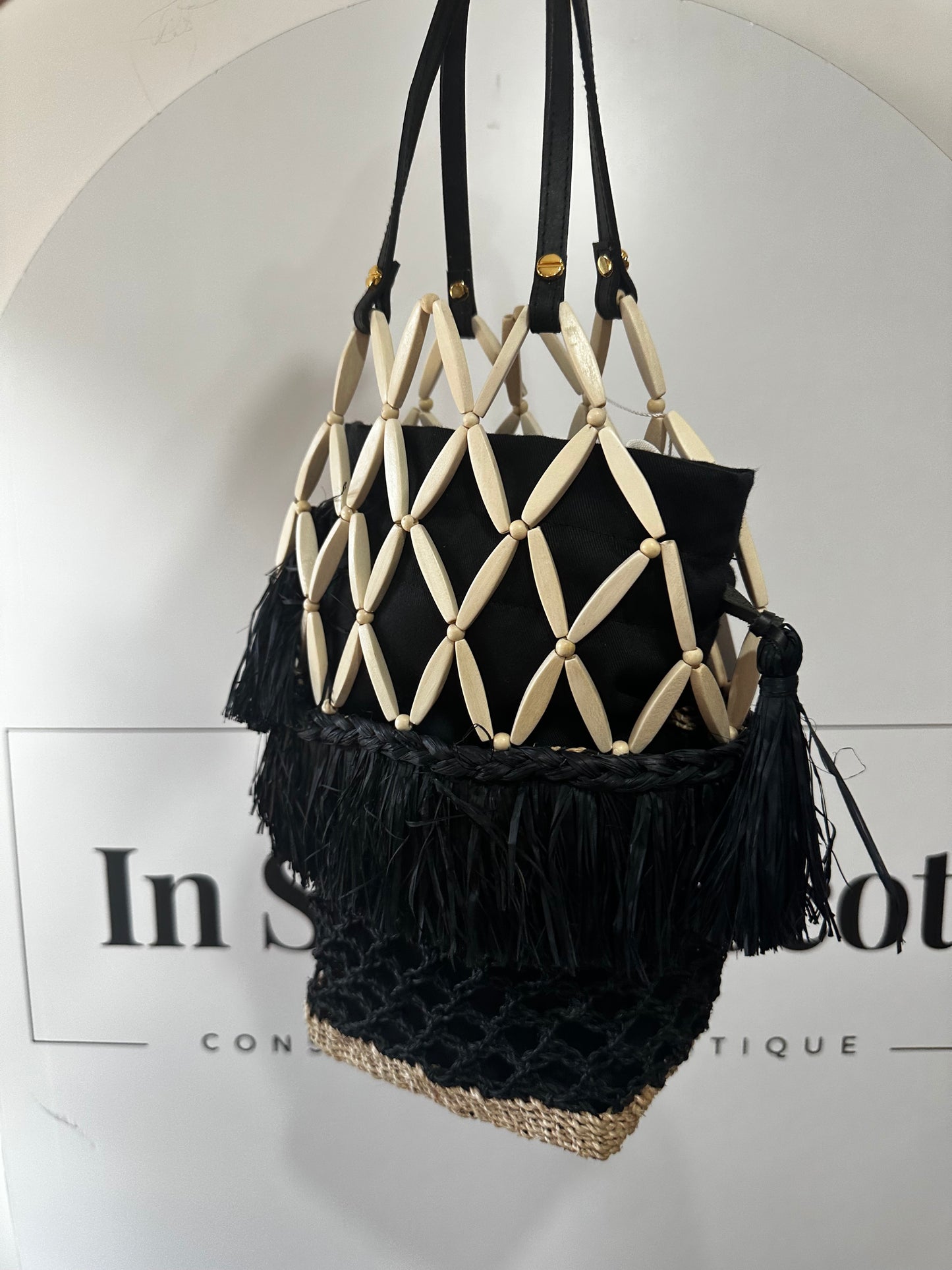 Black & Cream Raffia Aranaz Bag, Size M