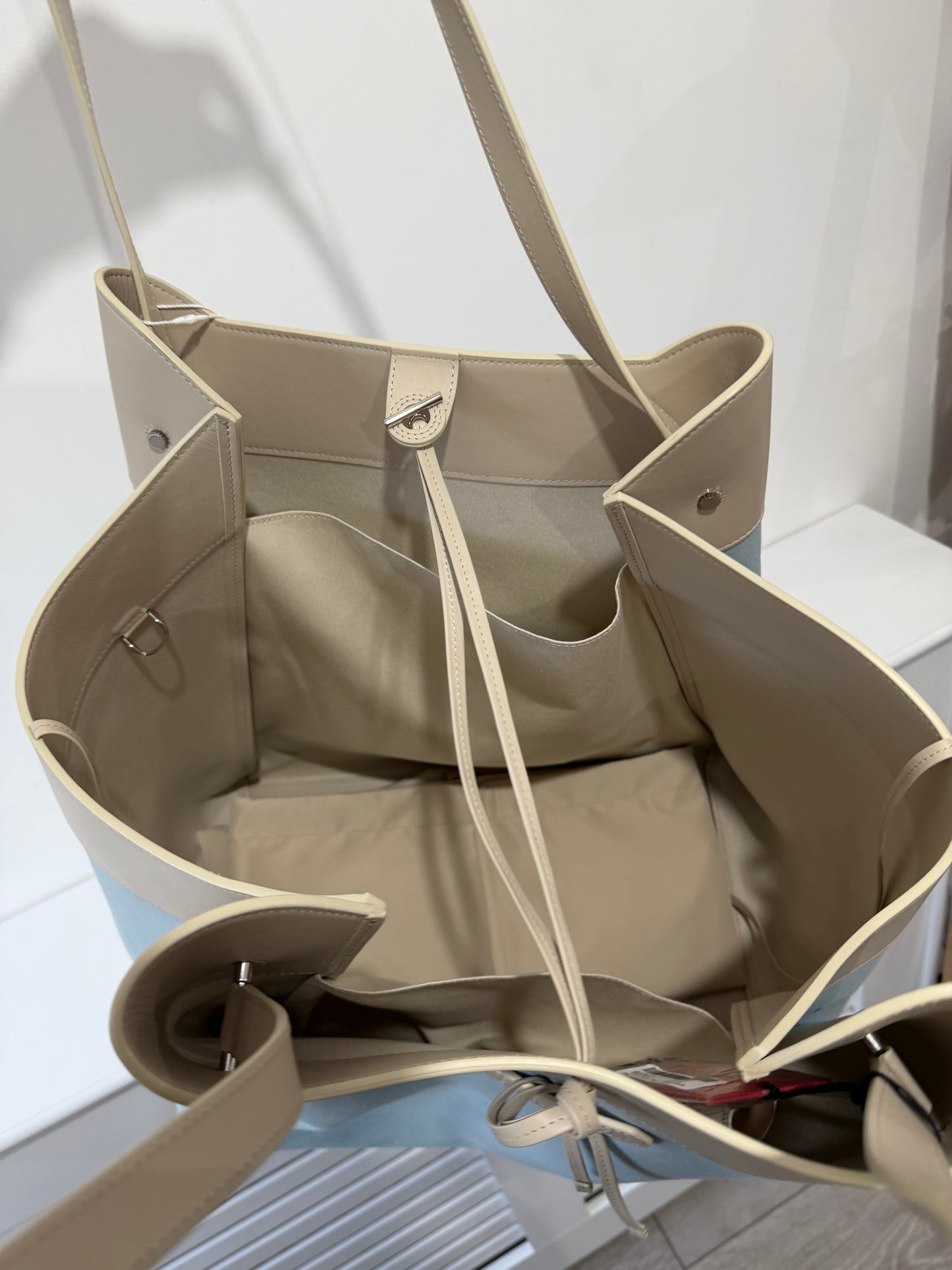 Pre-owned but New, Blue and Stone Leather Ferrari X Charles Leclerc Travel Tote, Large, BRAND NEW