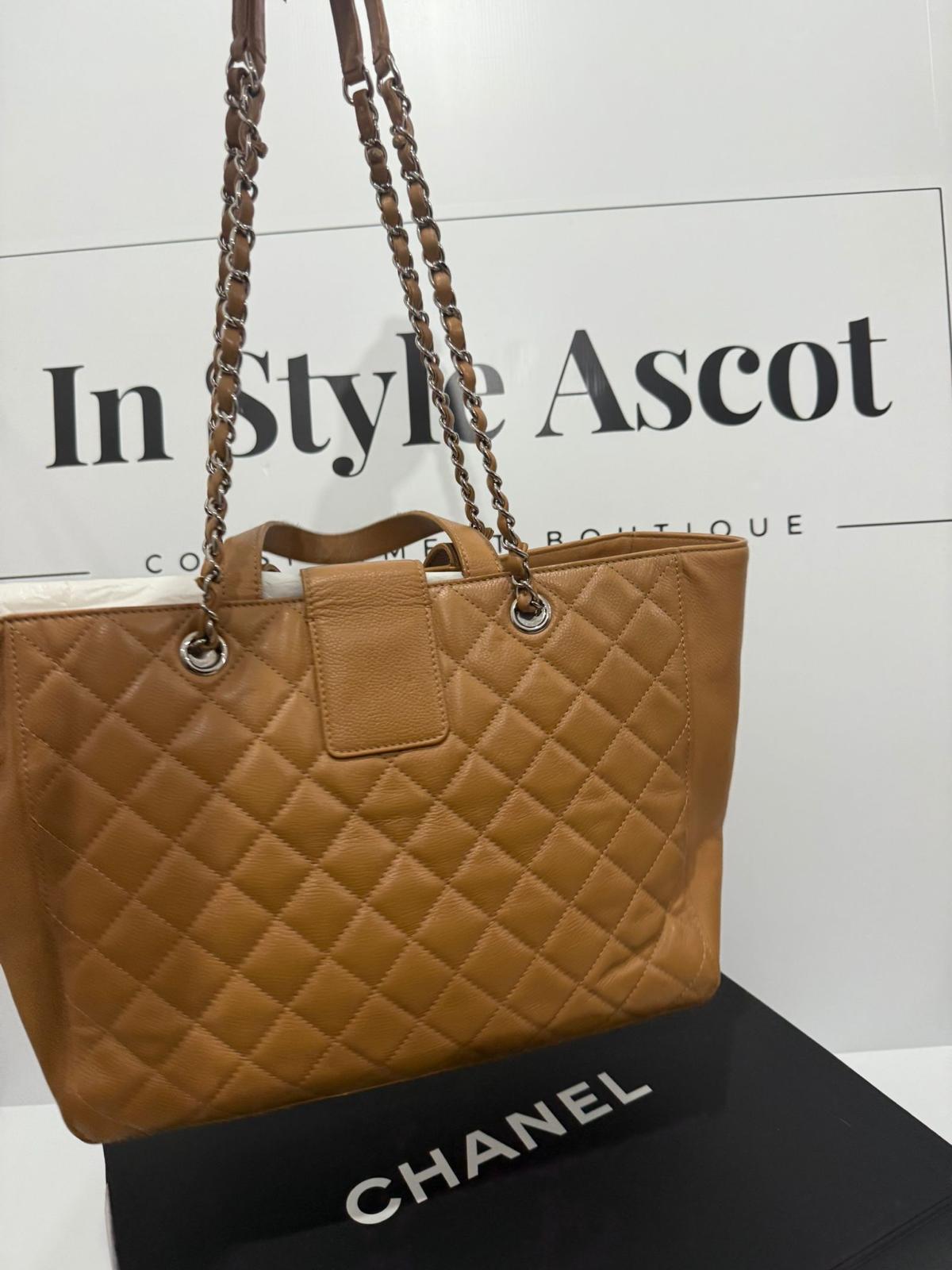 Chanel Tan Caviar CC Box Large Quilted Tote
