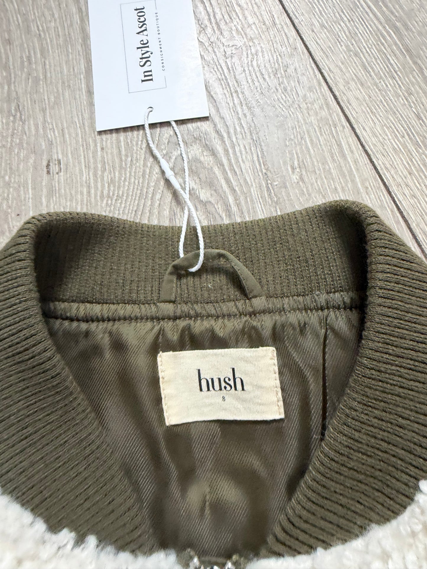 Preloved Hush Bomber Jacket Size 8 (8-10) Green and White