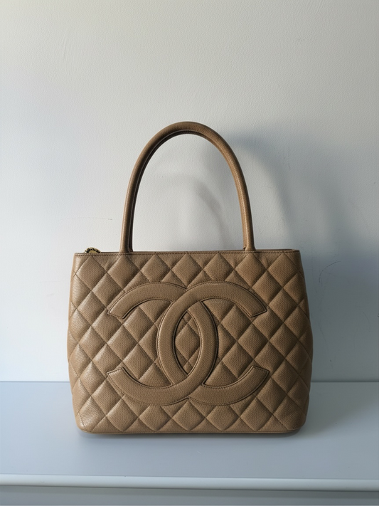 Preloved Chanel Handbag Medallion Tote Beige