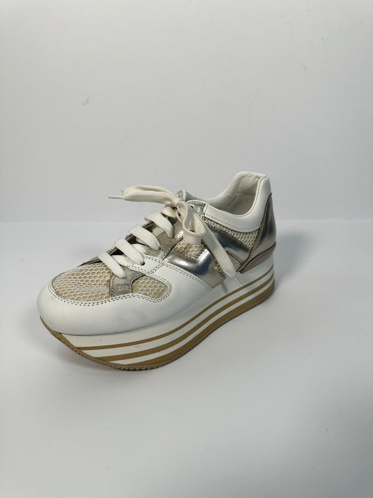 White & Beige Hogan Platform Trainers, 37.5