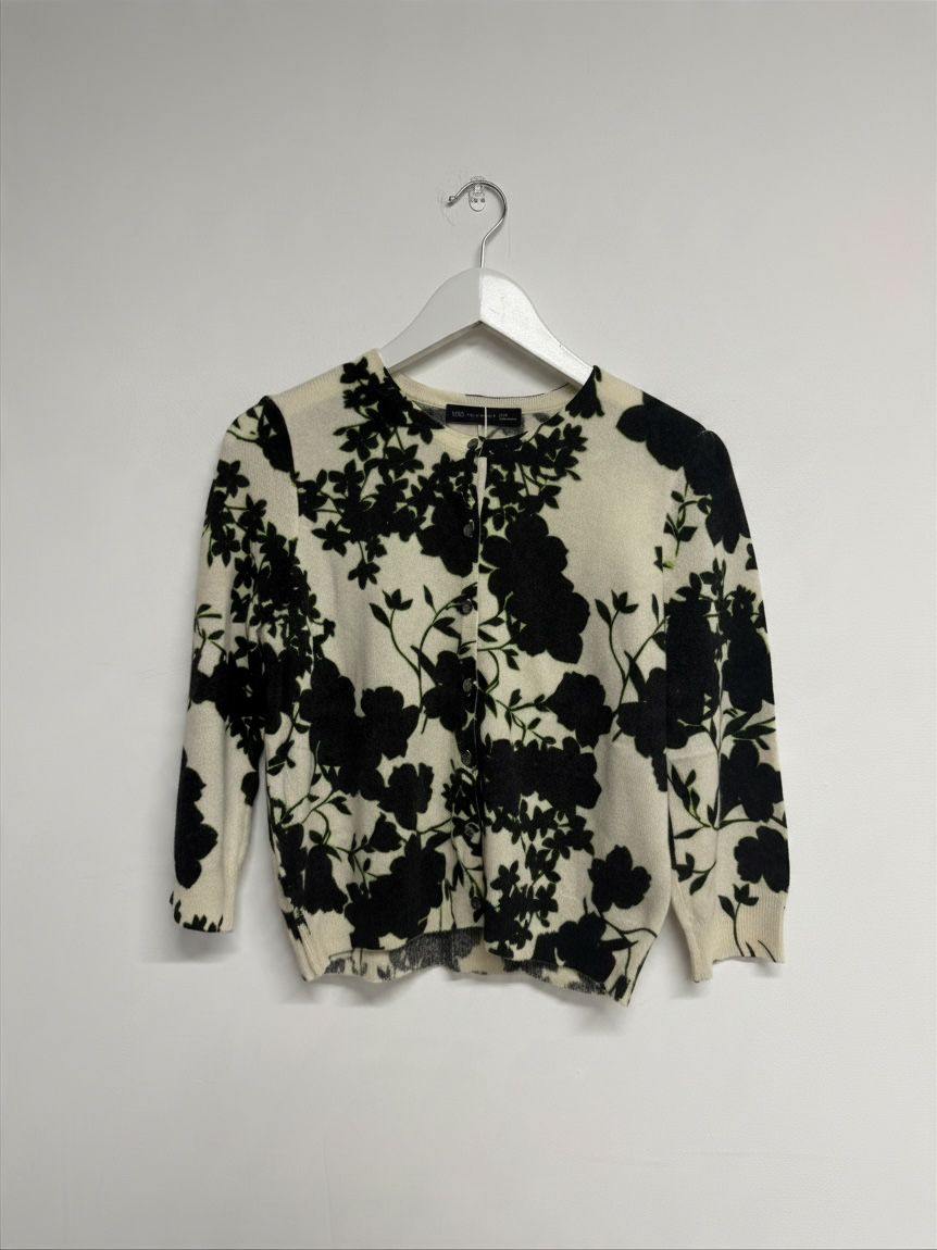 Preloved M&S Cardigan Size UK 12 Cream and Black Floral