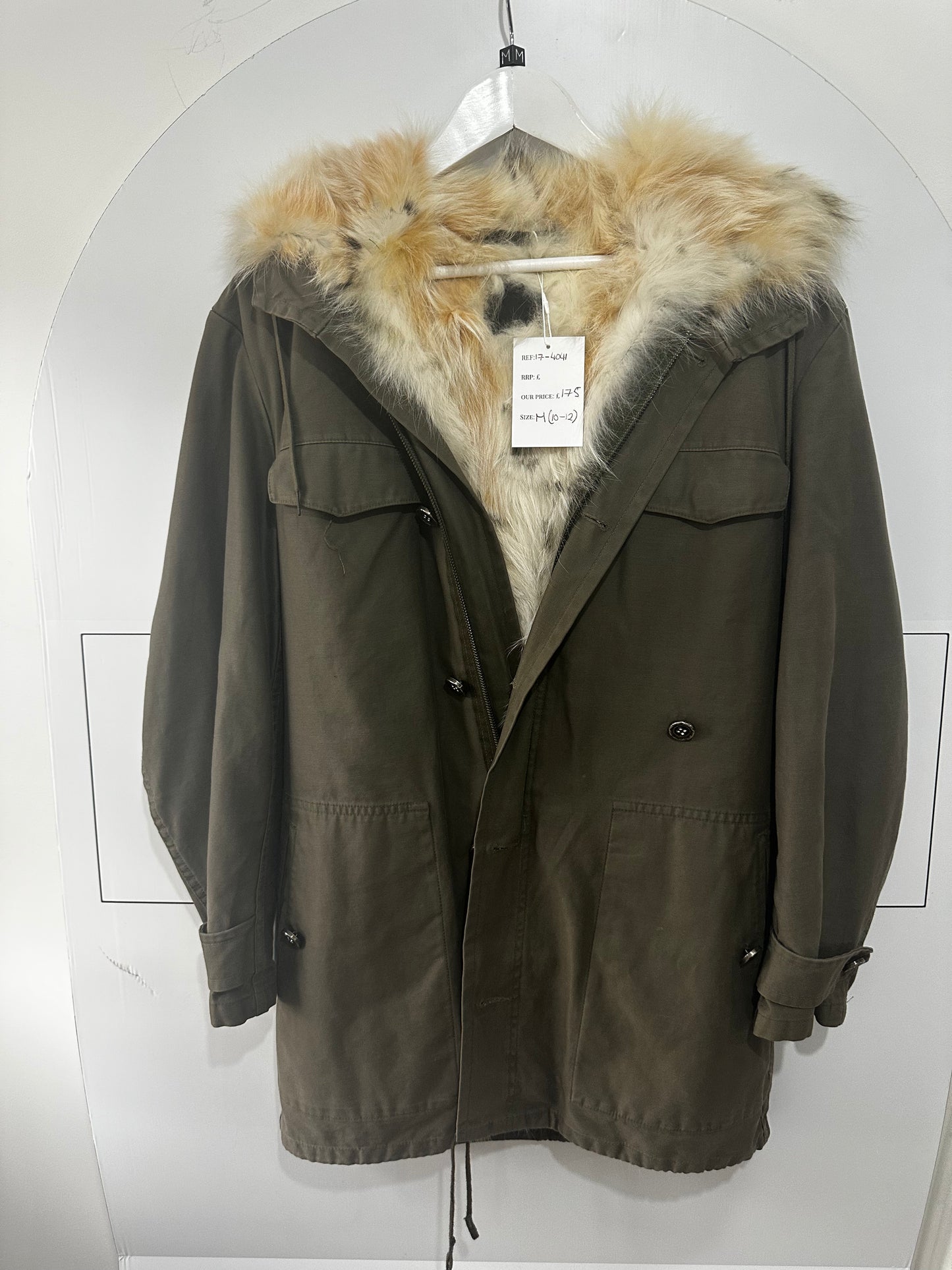 Khaki Pinko Fur-Lined Parka, Size 10-12