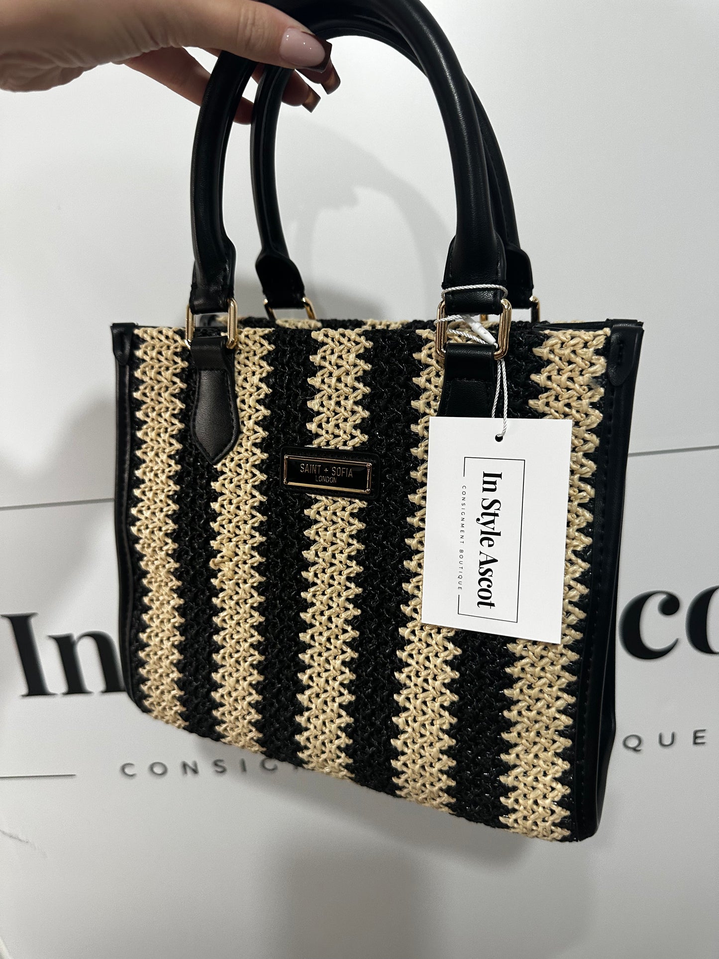 Mia Mini Tote Bag - Beige/Black Raffia Saint + Sofia Current Season Bag