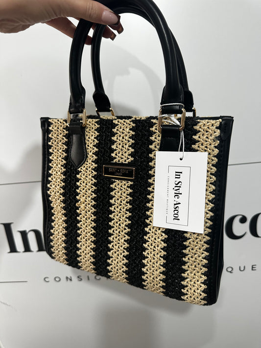 Mia Mini Tote Bag - Beige/Black Raffia Saint + Sofia Current Season Bag